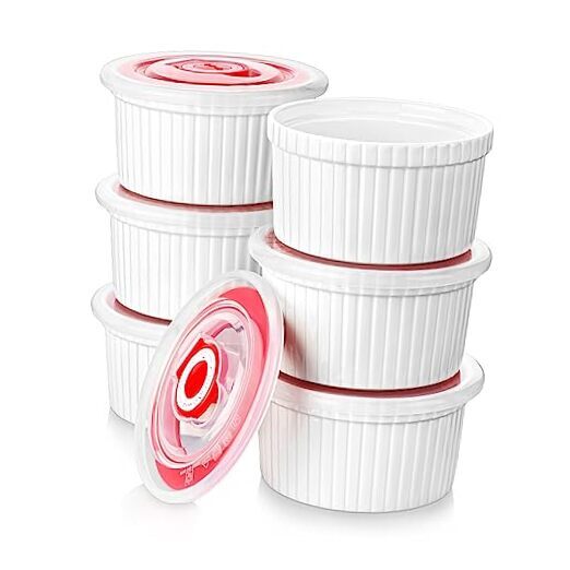 Ramekins with Lids 8 oz - Set of 6, White Porcelain Creme Brulee Souffle