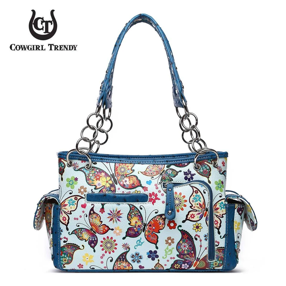 Bolso de Mano Mariposa Flor Western Cartera Mujeres Bolso de Hombro Bandolera Cartera Azul Foto 3 de 4