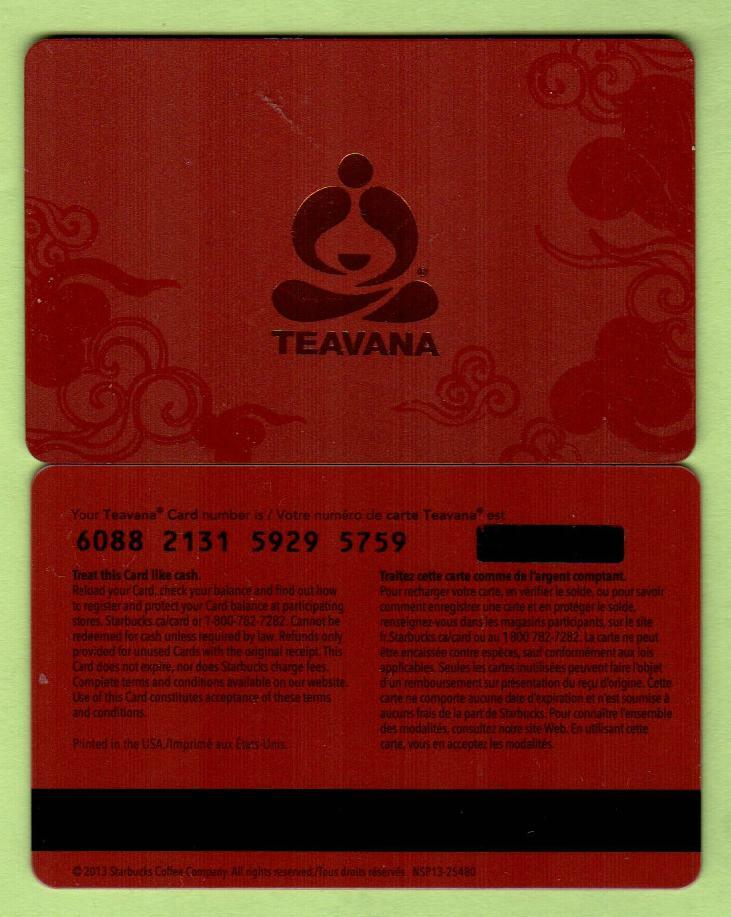 TEAVANA ( Canada ) Logo on Red ( 6088 )  2013 Gift Card ( $0 ) 