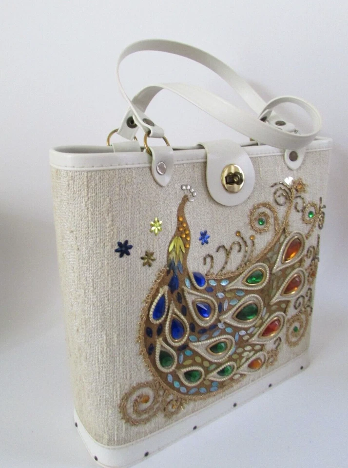 Vintage Enid Collins Style Winter White Jeweled Peacock Hand Bag - Image 2 of 4