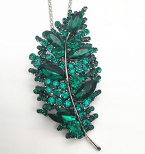 Green Crystal Rhinestone Large Leaf Pendant Long Necklace/Brooch