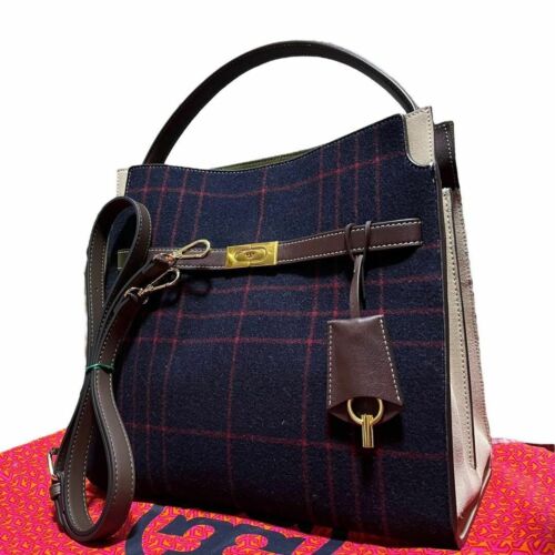 Tory Burch Lee Radziwill 2way Shoulder Bag Handbag Check Suede Leather Navy - Picture 1 of 10