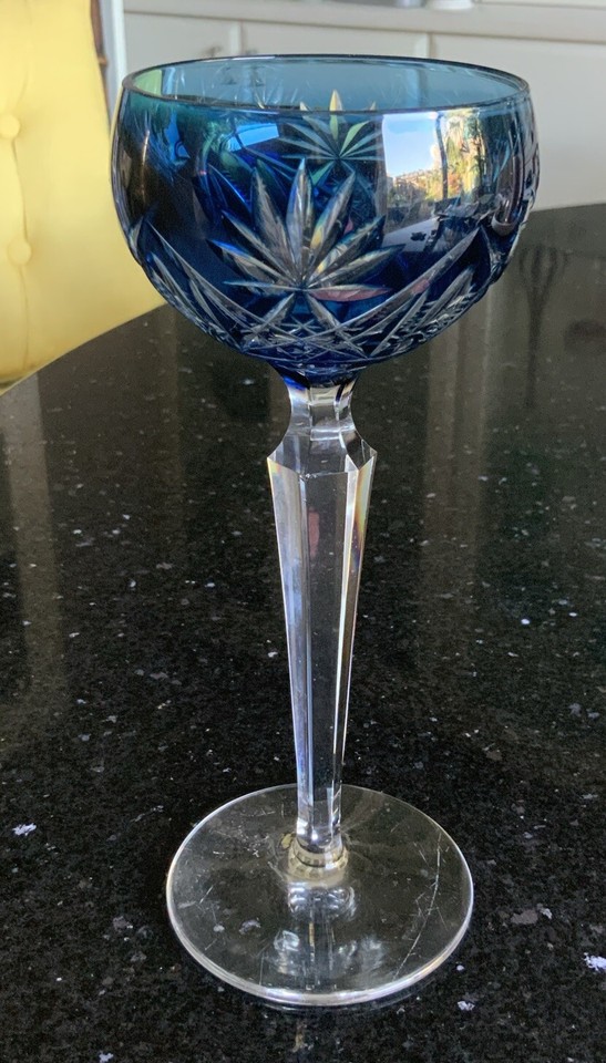 Fine Quality Bohemian Coloured Blue Hock Wine Glasses Cut To Clear.19cm