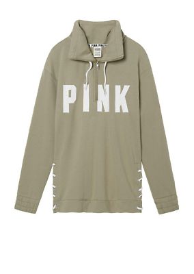 Victorias Secret Pink Slouchy GRAPHIC LACE UP QUARTER HALF ZIP SWEATSHIRT  NWT M