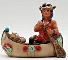 K's Collection Native American Warrior Figurine In Boat Canoe 3.5 X 3.25 Resin