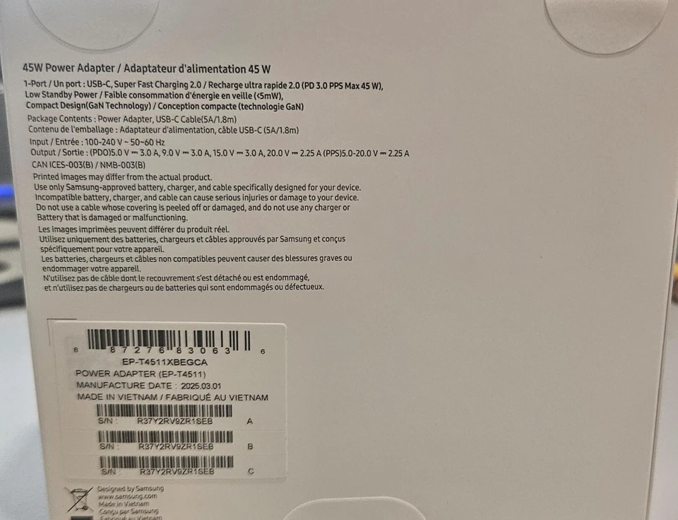Samsung Charger 45W Adapter w/  USB-C Cable Super Fast Charging 2.0 New Original - Image 2 of 4