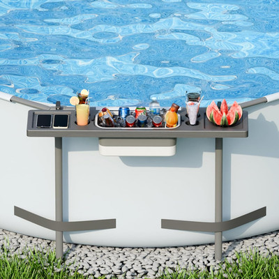 above Ground Pool Bar - Pool Side Table with 4 Cup Holders & Ice Bin, 47''×11'' Fo