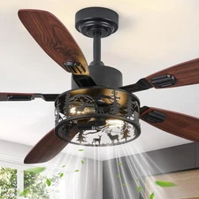 Farmhouse Rustic Ceiling Fan with Light-Deer Bear Design, 6 Speeds Black Chan...