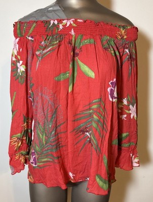 Desigual Top S Small Orange Floral Boho Off Shoulder Peasant Gauze Women Green