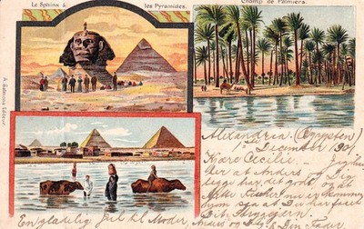 Postcard Caire Cheops le Sphinx - Litho 3 Picture Champ de Palmiers - Egypt c. 1900