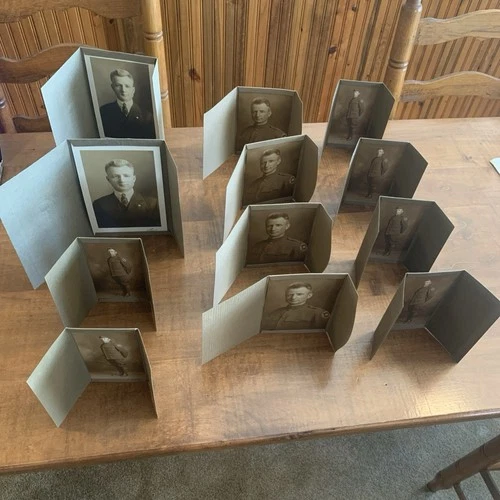 VTG 12 TRI-FOLD PHOTOS OF SAME SOLDIER IN MILITARY/CIVILIAN UNIFORMS WW1