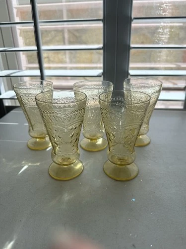 Set 5- 1930s Federal Glass Patrician Amber Footed Tumbler Yellow Depression USA