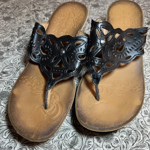 Clarks Shoes sandalo donna misura 7m suola sughero zeppa nero pelle pizzo tanga