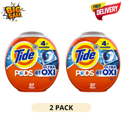 2 Pack Tide PODS Ultra Oxi Laundry Detergent Pacs 57Ct Stain Remover Power Clean