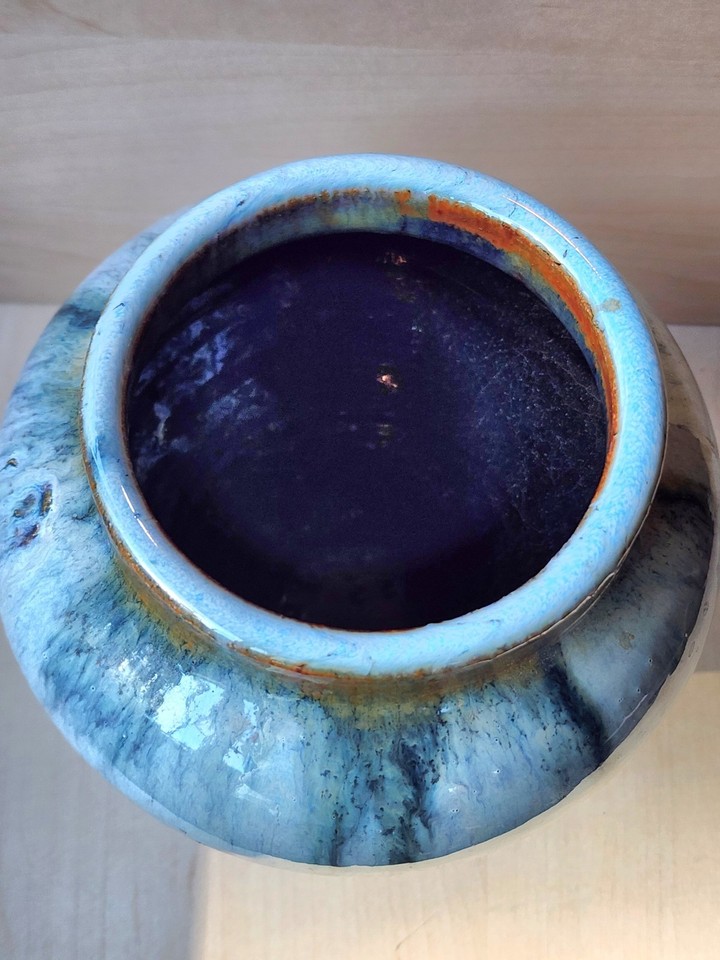 Pottery Display Window Stoneware Studio Pottery Larimar Blue Drip Glaze Vase Urn- Signed RVP ...