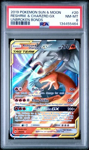 2019 POKEMON SUN & MOON UNBROKEN BONDS #20 RESHIRAM & CHARIZARD GX PSA 8