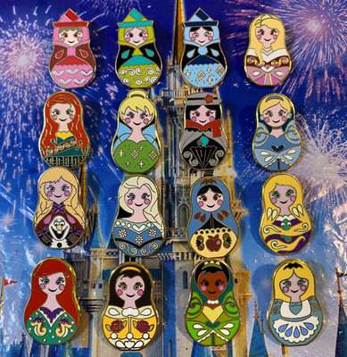   2014 Disney Princess Nesting Dolls Complete 16 Pin Set Tiana Ariel Belle Elsa