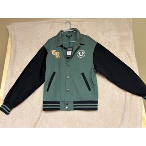 True Religion Mens Varsity Jacket Sage Green Black Buddha Patch Fleece Medium