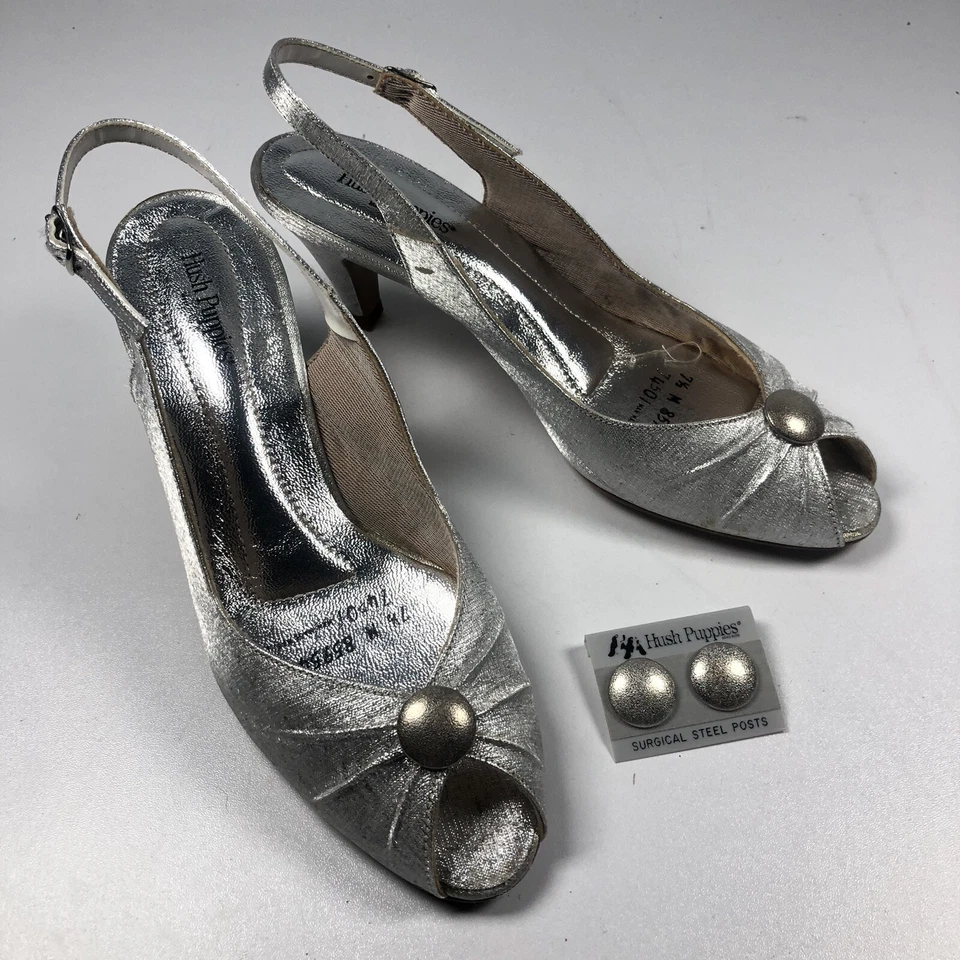 Tacones Hush Puppies para mujer 7,5 M plateados metálicos con cordones peep toe vintage años 80 Foto 3 de 4