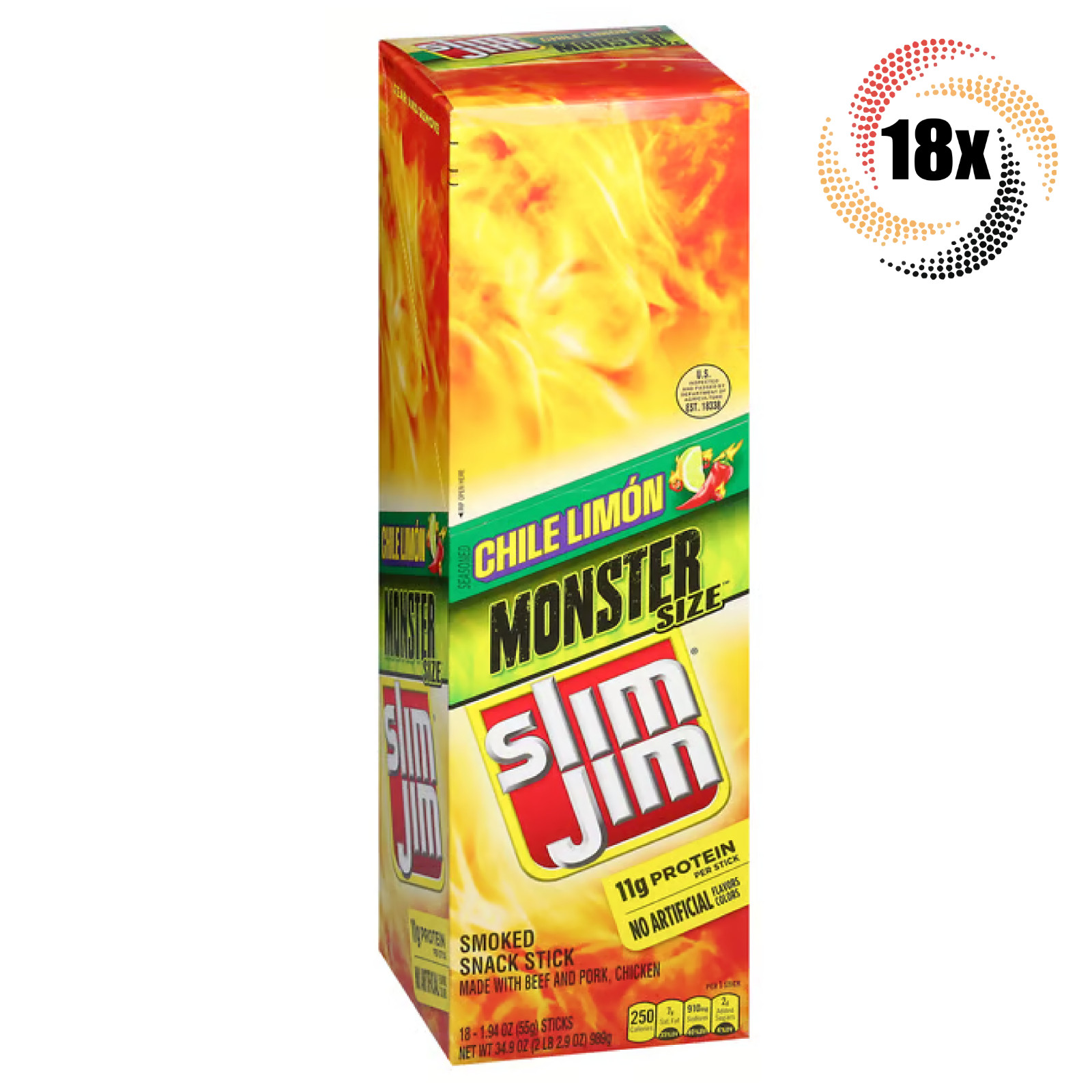 Полная коробка из 18 палочек Slim Jim Chile Limon Monster Sticks | 1,94 унции | 11 г протеина