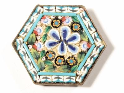 Vintage Italian micro mosaic hexagon floral glass gold tone jewelry element