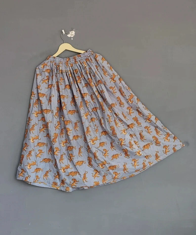 Indian Cotton Gray Tiger Print Skirt Women's Clothing Long Skirt Beach Skirt US
