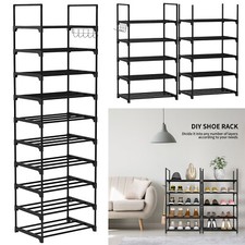 10 TIERS Metal SHOE RACK FOOTWEAR ORGANISER STORAGE SHELVES STAND WITH HOOK UK