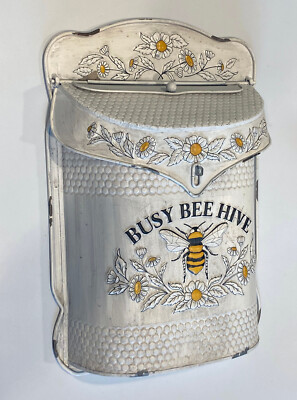 White Metal Mailbox Post Box Distressed Embossed Painted Honey Bee & Flowers