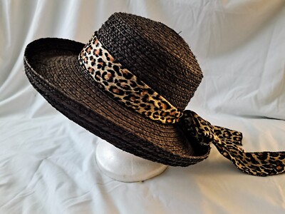 Women's Dark Brown Straw Hat with Leopard Scarf Band