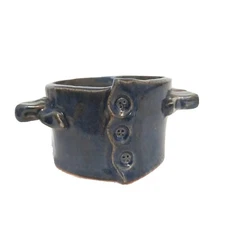 Button Front Art Pottery Signed Trinket Flower Cactus Vase Blue Stoneware