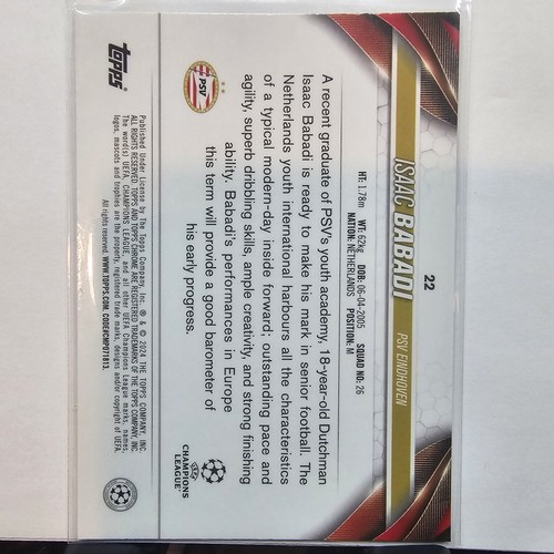 2023-24 Topps Chrome UEFA Club #22 Isaac Babadi Rookie Aqua Prism Europa League - Picture 2 of 2