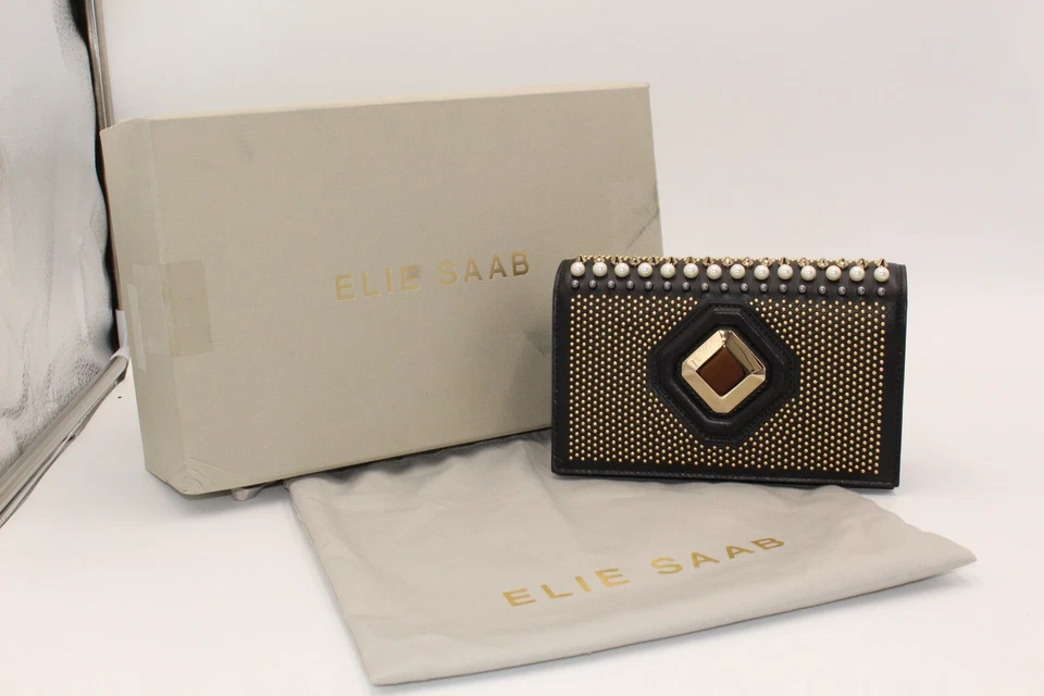 全新 Elie Saab Pochette Radiant 黑色铆钉手拿包 斜挎包 钱包 — 第 2/4 张图片