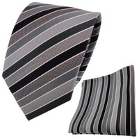 Tigertie Krawatte + Einstecktuch In Anthrazit Schwarz Grau Silber Gestreift