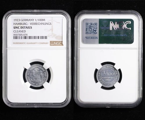 1923 GERMANY 1/100M HAMBURG - VERRECHNUNGS NGC UNC DETAILS