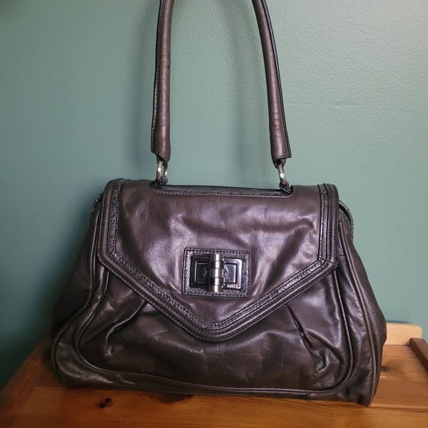 MIMCO handbag genuine leather- grey/brown hinged opening, turn buckle closure