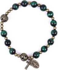 Green Tiger Eye Stone Beads Rosary Bracelet with Catholic Miraculous Medal