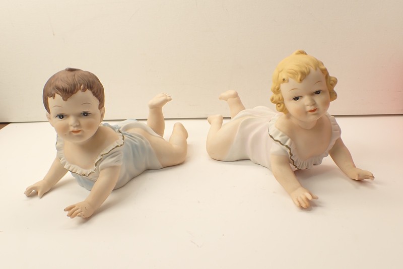 Vintage Pair Boy & Girl Porcelain Piano Babies 8" Long By 5" Tall