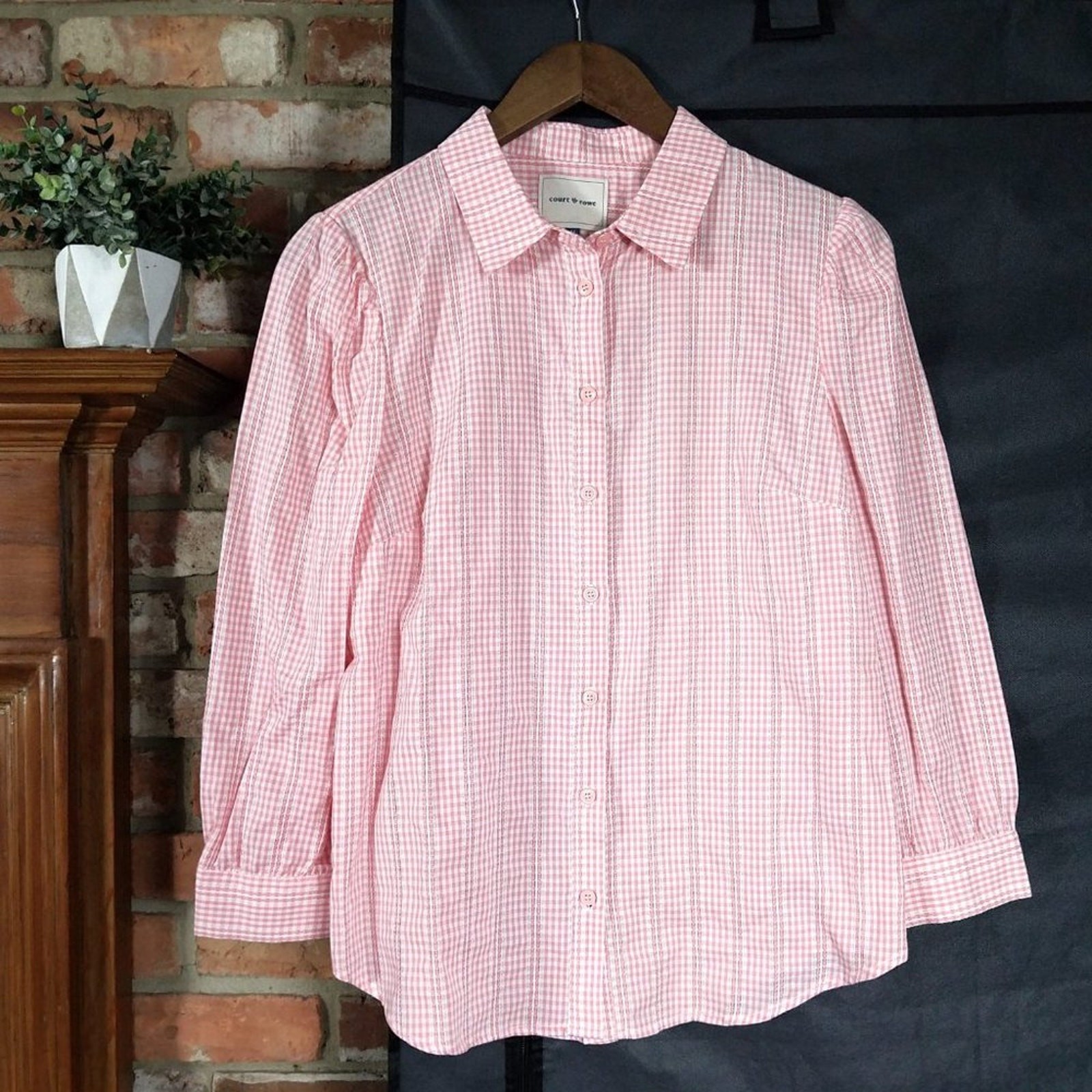 FILA Camicia Court & Rowe Gingham Check Dobby con bottoni rosa pesca taglia M nuova con etichette