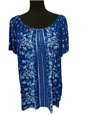 Style & Co Women's Blue/White Short Sleeve Printed Blouse, Size 2X, NWT