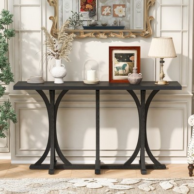 59.8'' Farmhouse Wooden Console Table (Oak Veneer Top, Rubber Wood Curved Legs)