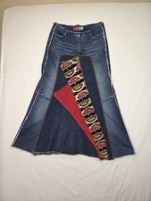 Vintage Lazer Jeans Patchwork Denim Maxi Skirt Boho Y2K Raw Hem Size 13