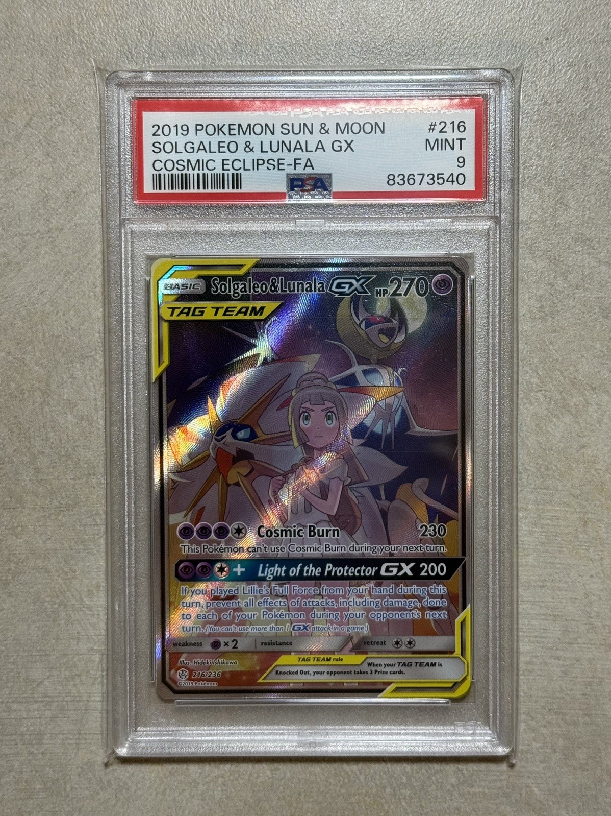 Solgaleo & Lunala GX (Full Art) 216/236 Cosmic Eclipse 2019 PSA 9 Mint