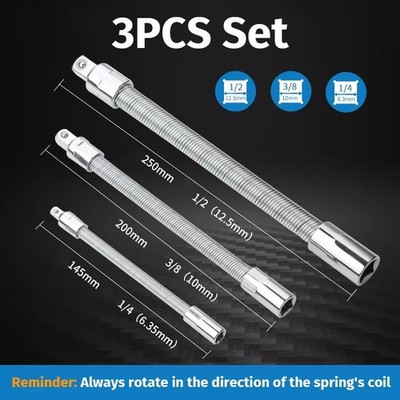 3-Piece Flexible Socket Extension Bar Set 1/2'' 1/4'' 3/8'' Shaft Drive 10'' 8'' 6''
