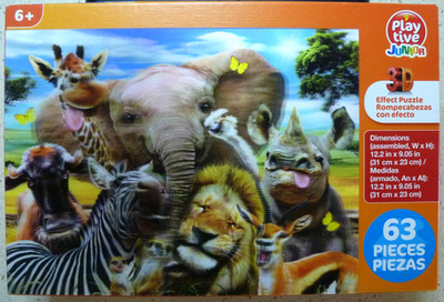 NEW PLAYTIVE JUNIOR 3D EFFECT ''SAFARI ANIMAL'' 63 PC JIGSAW PUZZLE, 6+, 9'' x 12''