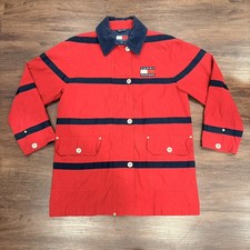 Tommy Hilfiger Red Striped Lined Jacket Corduroy Collar Zip Snap Vintage Small