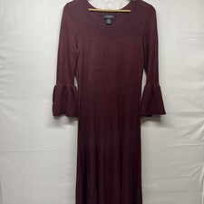 Liz Claiborne Career Knit Midi Dress Wine Color Bell Sleeves Ribbed Waist Large