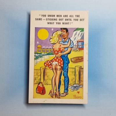 Freche Comic Postkarte um 1965 Upskirt Strümpfe Union Männer herausragend sonniger Pedro