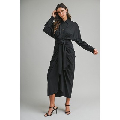 Mable Boheme Shirt Dress Women Medium Black Front Tie Midi Button Up NWT