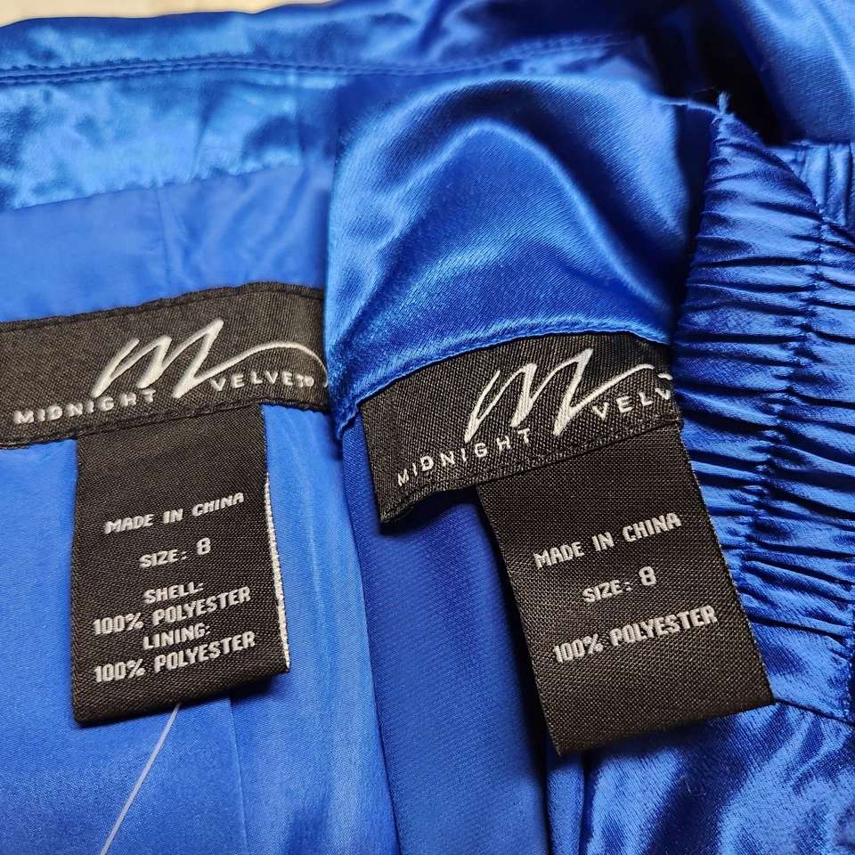 Terno calça cetim veludo meia-noite azul tamanho 8 jaqueta de lápis casamento formal sem cinto - Imagem 2 de 4