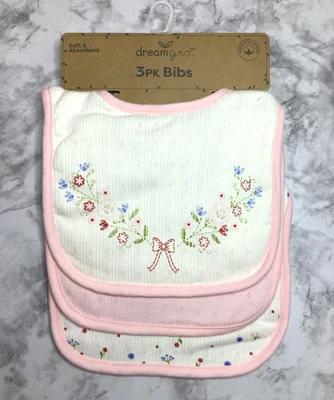 Dream Gro 3-teiliges strukturiertes Baby Lätzchen Set - Blumenmuster und rosa Schleife - Bild 1 von 4